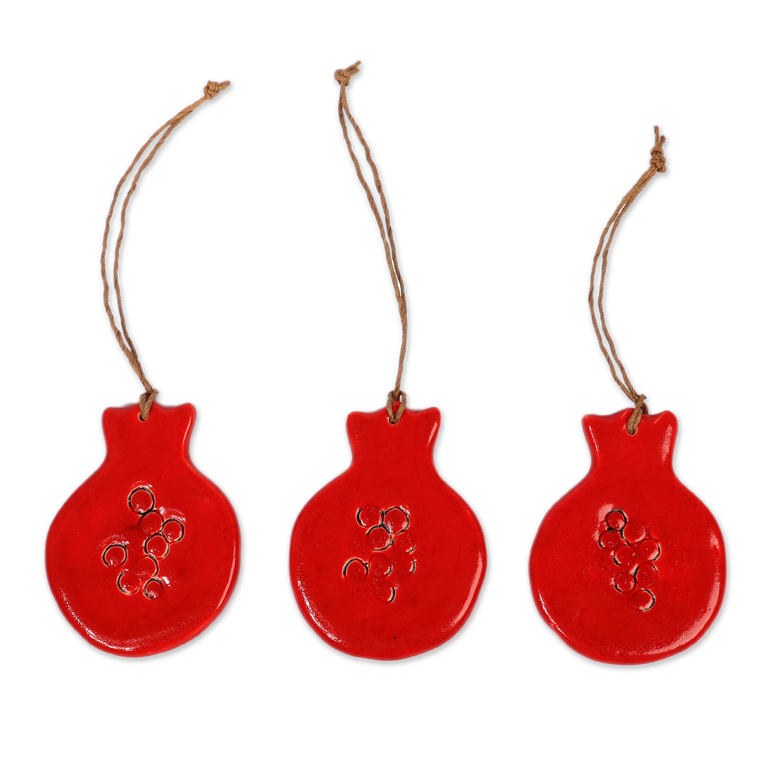 Pomegranate-Shaped Set of 3 Hand-Painted Ceramic Ornaments - Pomegranate Holiday