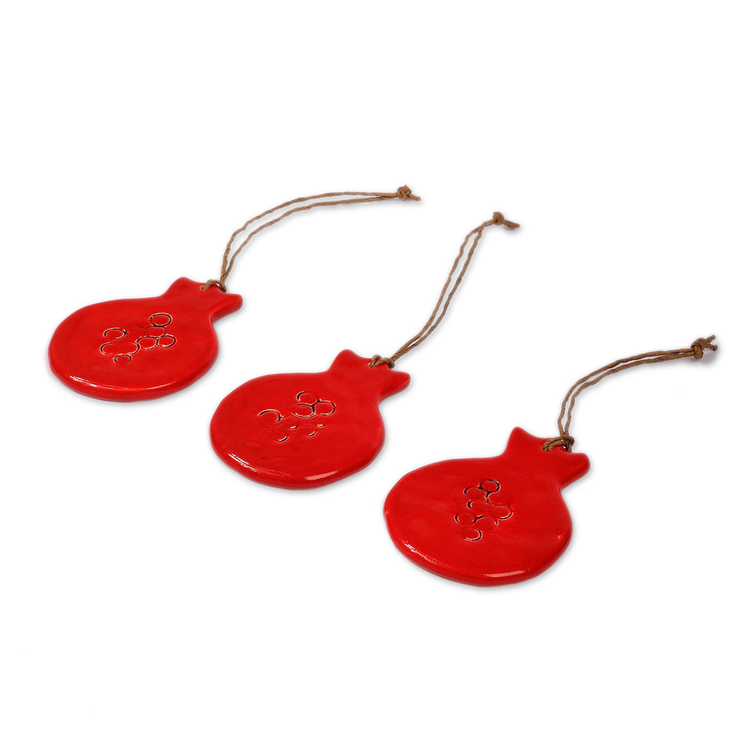 Pomegranate-Shaped Set of 3 Hand-Painted Ceramic Ornaments - Pomegranate Holiday