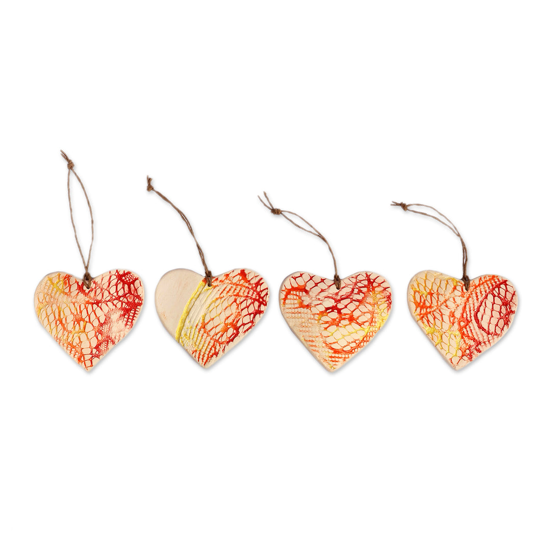 Abstract-Patterned Heart-Shaped 4-Piece Ceramic Ornament Set - Blazing Love