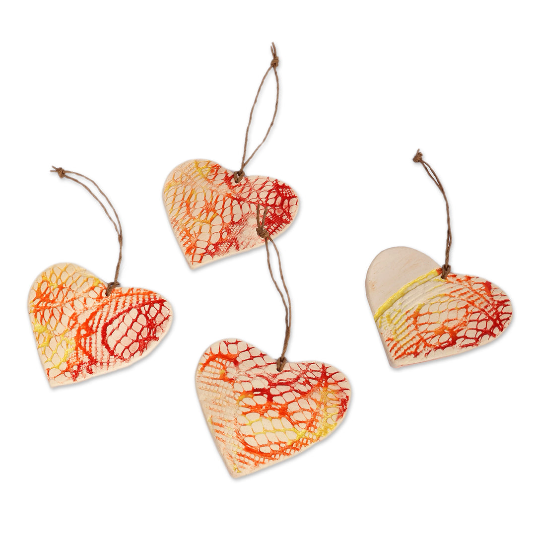 Abstract-Patterned Heart-Shaped 4-Piece Ceramic Ornament Set - Blazing Love