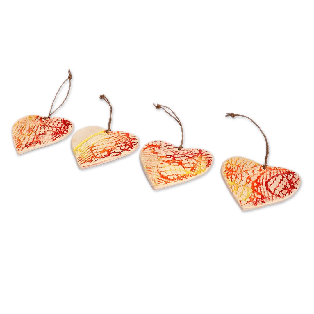Abstract-Patterned Heart-Shaped 4-Piece Ceramic Ornament Set - Blazing Love