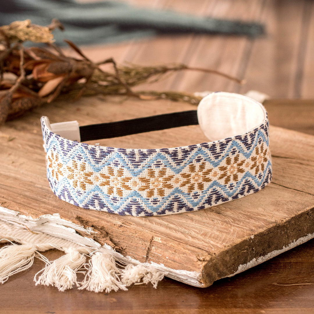 Floral-Patterned Handloomed Blue and Yellow Cotton Headband - Flower Elation