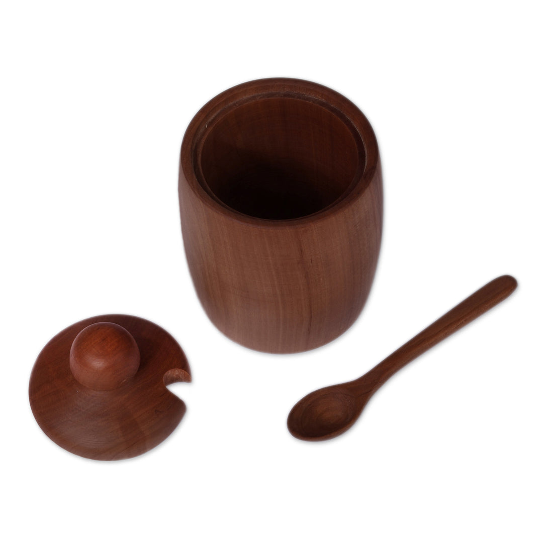 Dark Brown Pear Wood Honey Pot and Spoon Set from Armenia - Sweet Woods