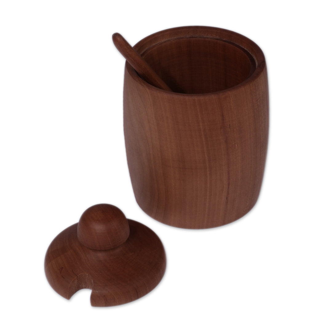 Dark Brown Pear Wood Honey Pot and Spoon Set from Armenia - Sweet Woods