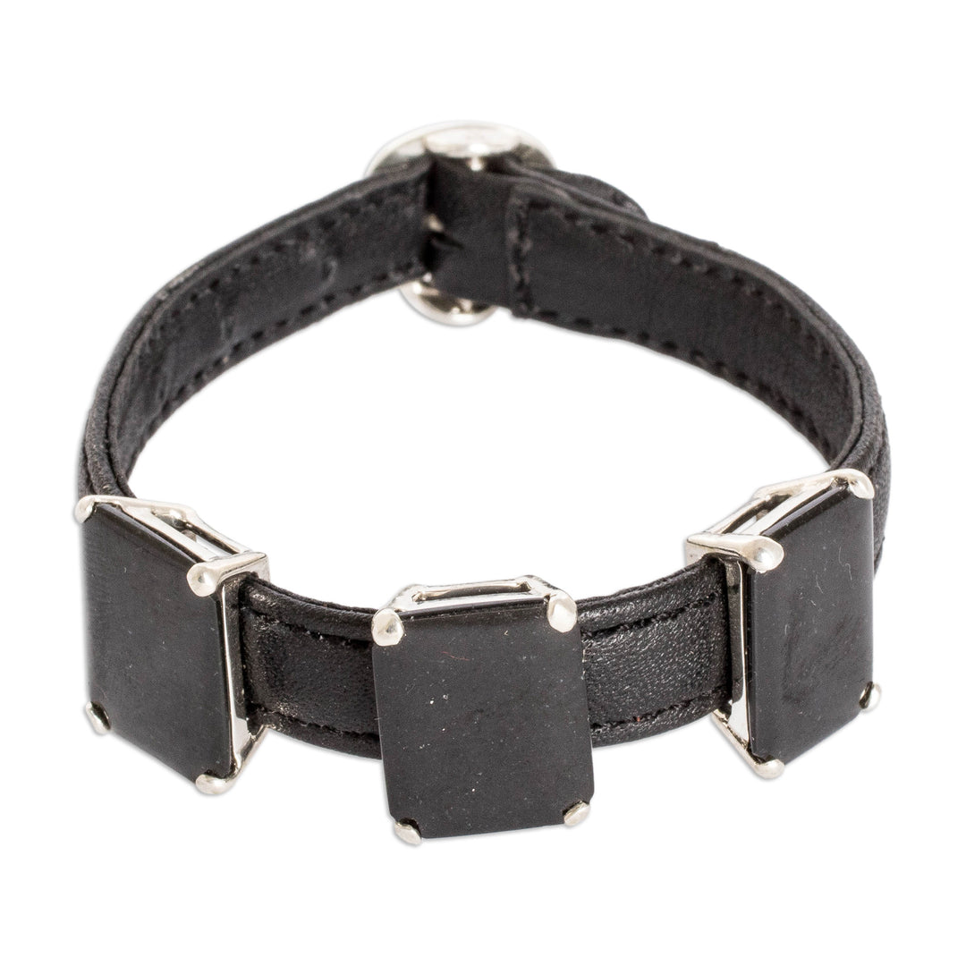 100% Leather Pendant Bracelet with Three Black Jade Gems - Powers of the Night