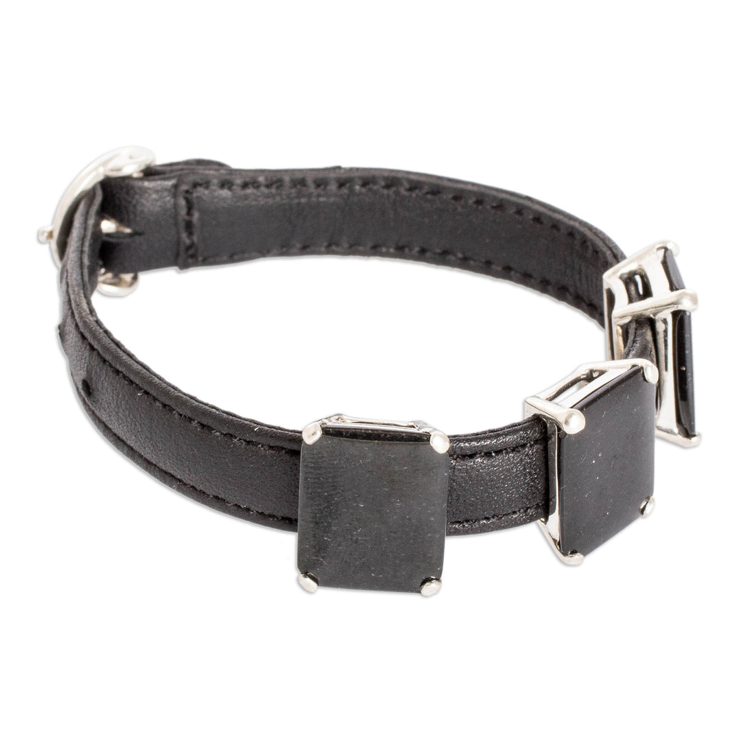 100% Leather Pendant Bracelet with Three Black Jade Gems - Powers of the Night