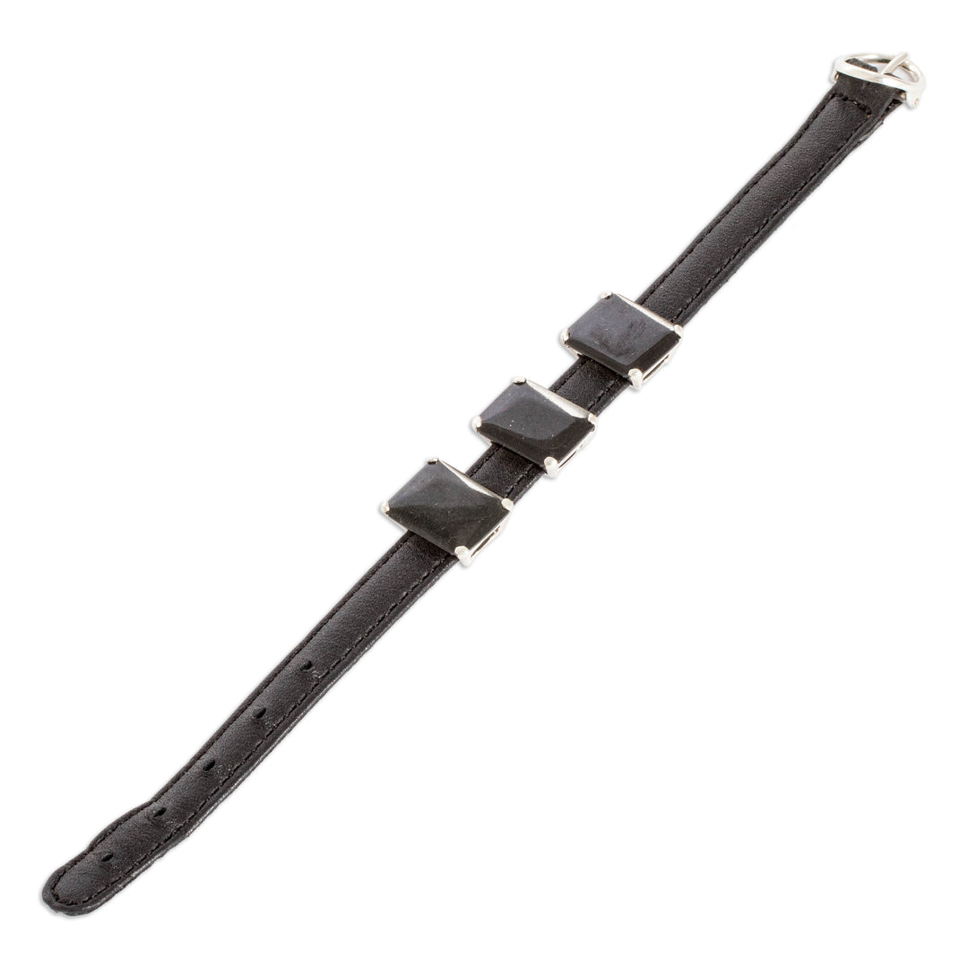 100% Leather Pendant Bracelet with Three Black Jade Gems - Powers of the Night