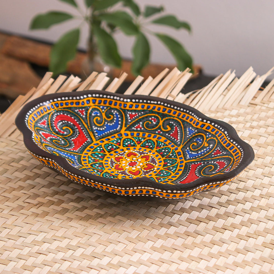 Oval-Shaped Wood Decorative Plate Hand-Painted in Thailand - Oval Bloom
