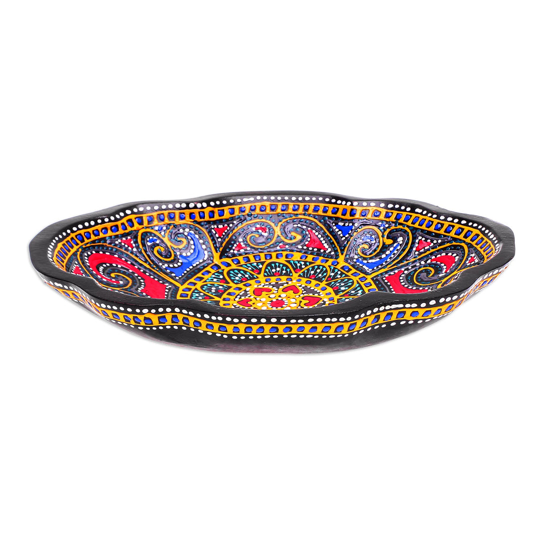 Oval-Shaped Wood Decorative Plate Hand-Painted in Thailand - Oval Bloom