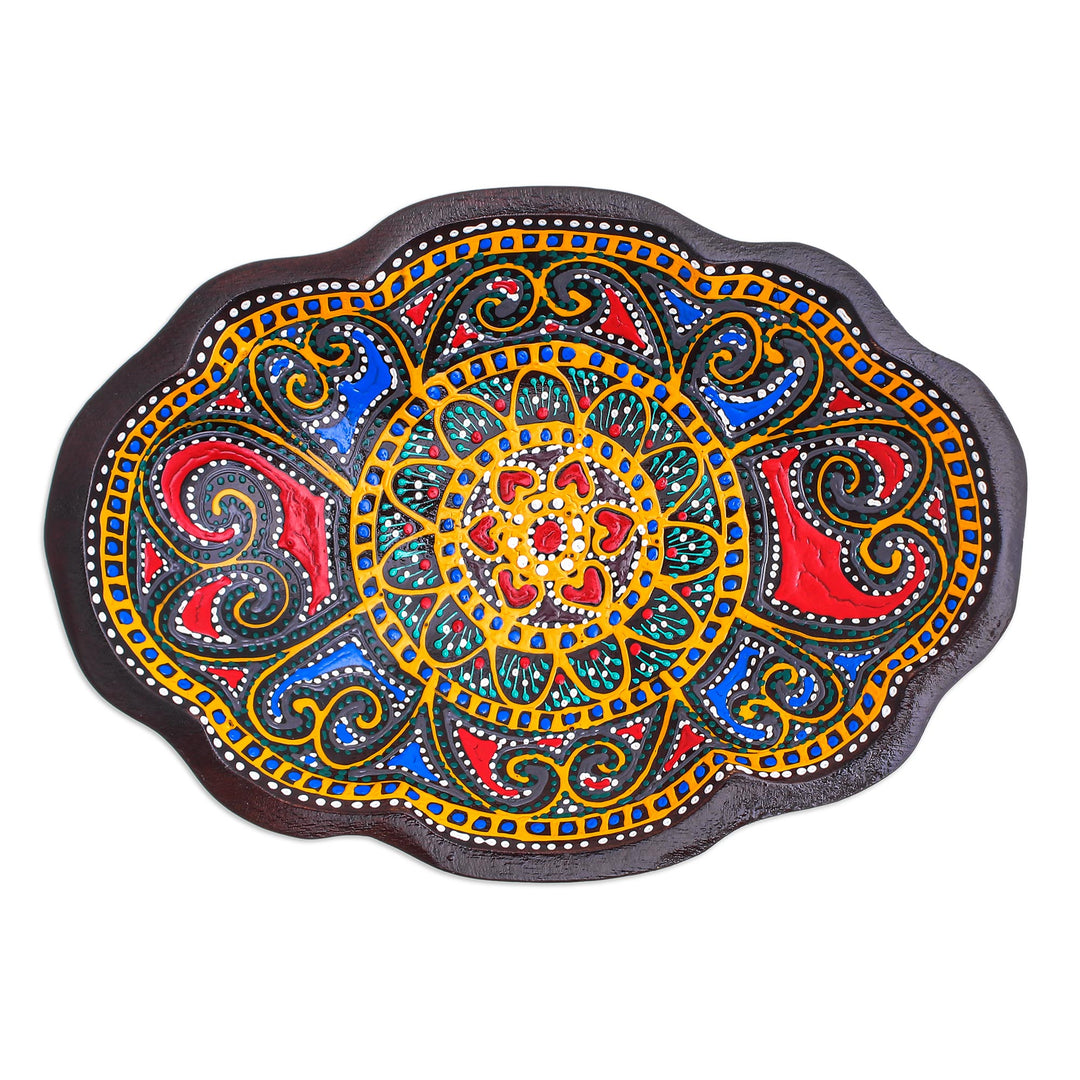 Oval-Shaped Wood Decorative Plate Hand-Painted in Thailand - Oval Bloom