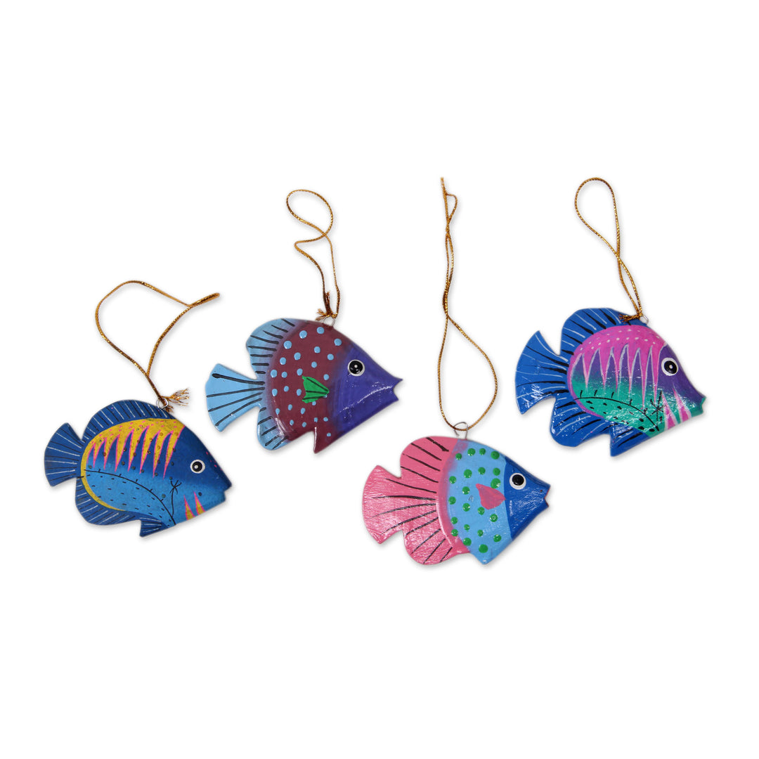 Artisan Crafted Wood Fish Ornaments from Bali (Set of 4) - Rainbow Fish