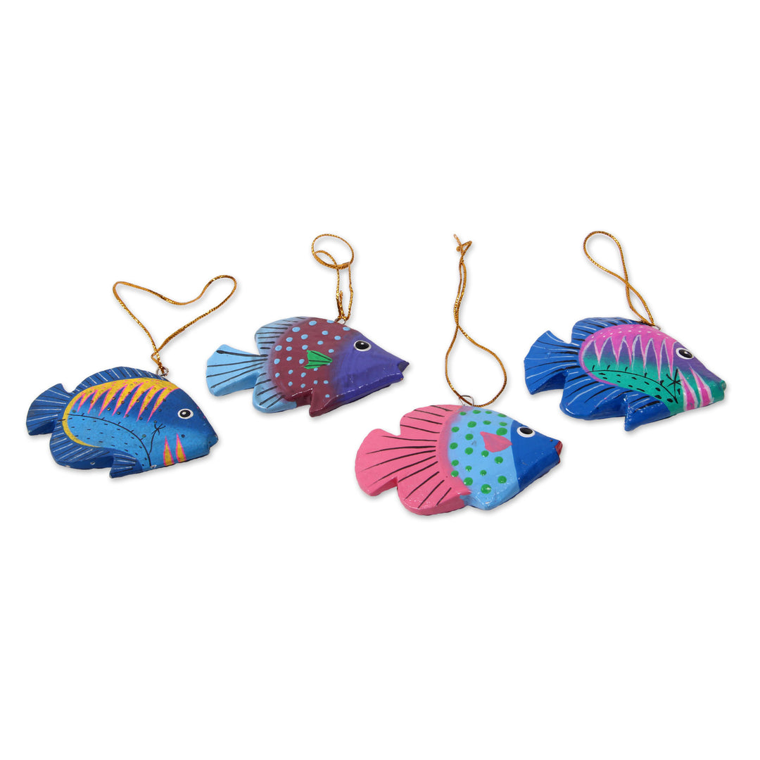 Artisan Crafted Wood Fish Ornaments from Bali (Set of 4) - Rainbow Fish