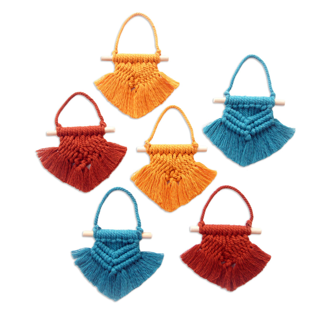 Hand Woven Colorful Cotton Holiday Ornaments (Set of 6) - Boho Christmas