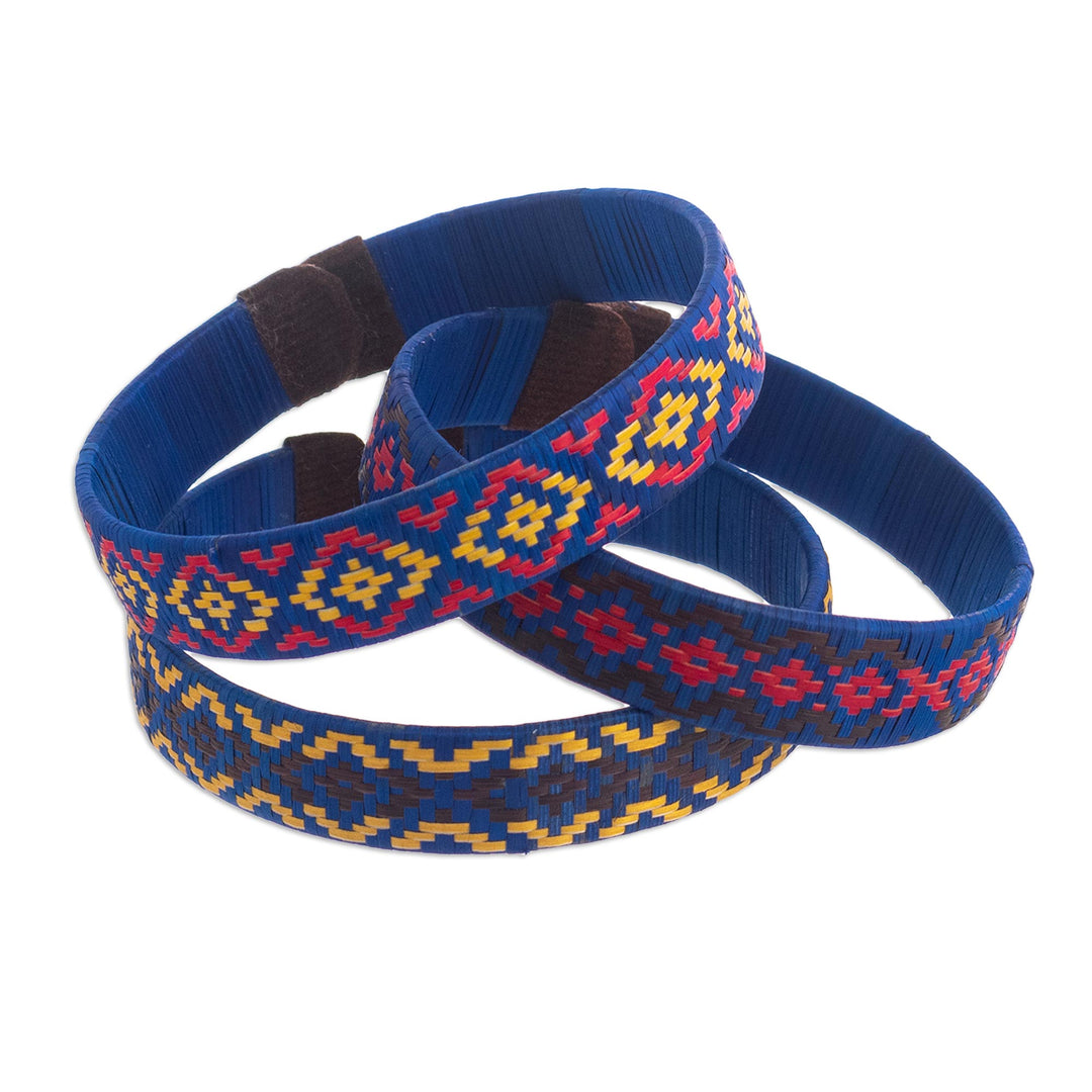Three Blue Cuff Bracelets Woven with Colombian Cane Fiber - Blue Colombian Geometry