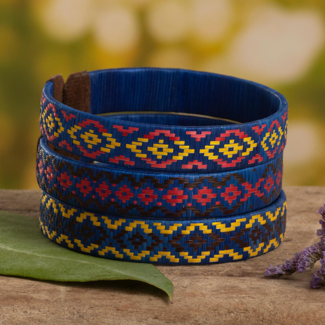 Three Blue Cuff Bracelets Woven with Colombian Cane Fiber - Blue Colombian Geometry