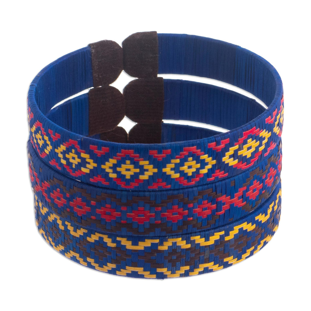 Three Blue Cuff Bracelets Woven with Colombian Cane Fiber - Blue Colombian Geometry
