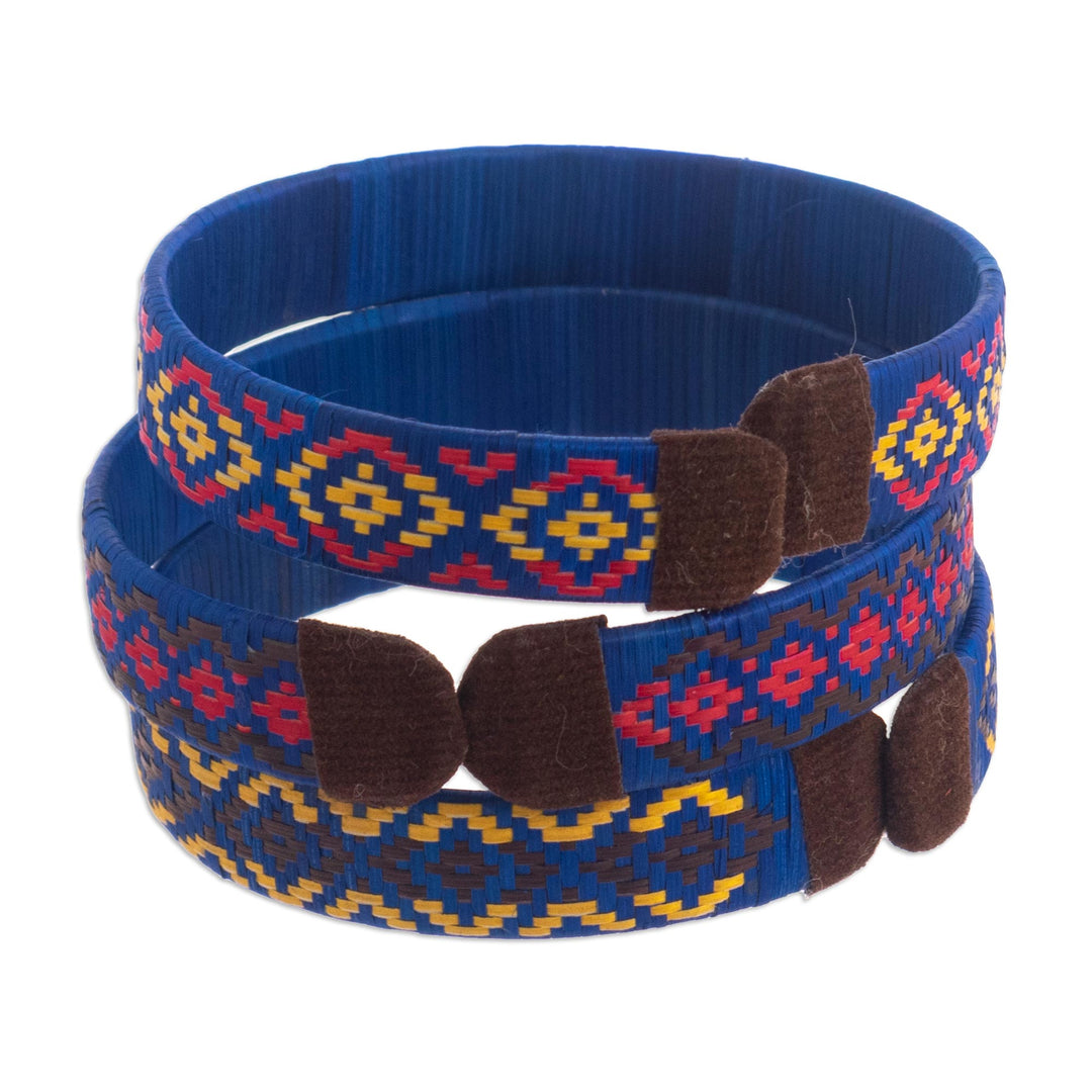 Three Blue Cuff Bracelets Woven with Colombian Cane Fiber - Blue Colombian Geometry