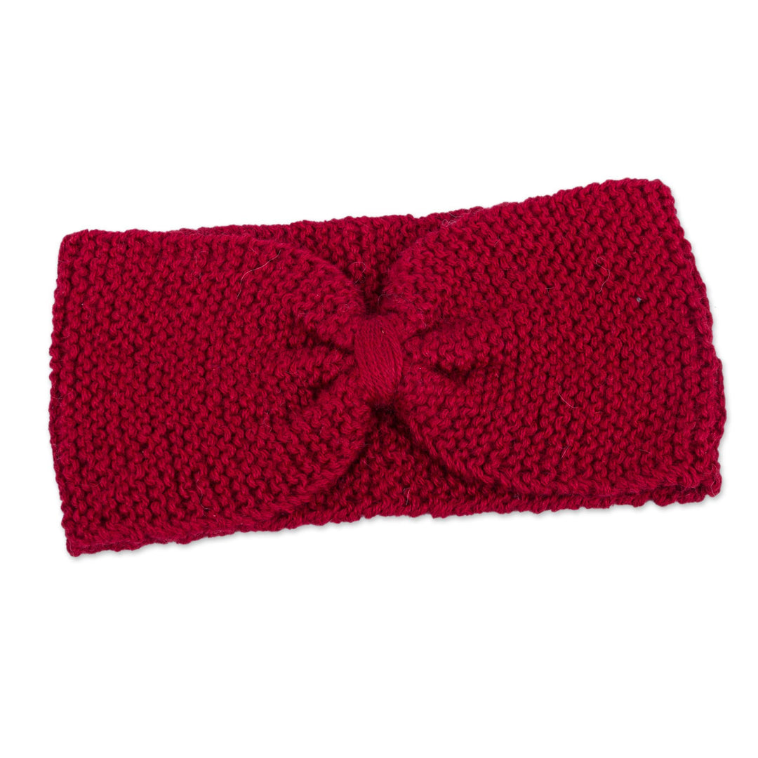 Knitted Red 100% Alpaca Wool Ear Warmer from Peru - Crimson Bow