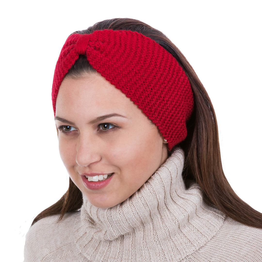 Knitted Red 100% Alpaca Wool Ear Warmer from Peru - Crimson Bow