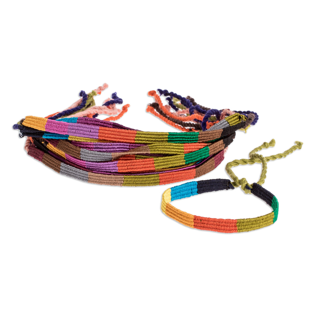 Set of 15 Multicolor Macrame Wristbands Made in Guatemala - Rainbow Sparkles