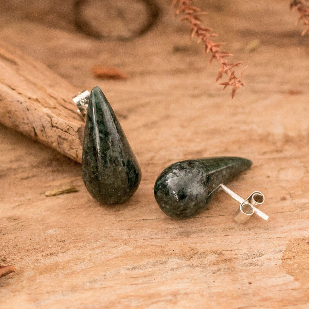 Drop-Shaped Dark Green Jade Button Earrings from Guatemala - Proud Dew