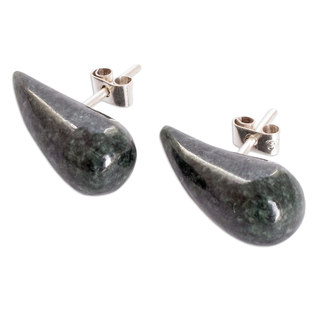 Drop-Shaped Dark Green Jade Button Earrings from Guatemala - Proud Dew
