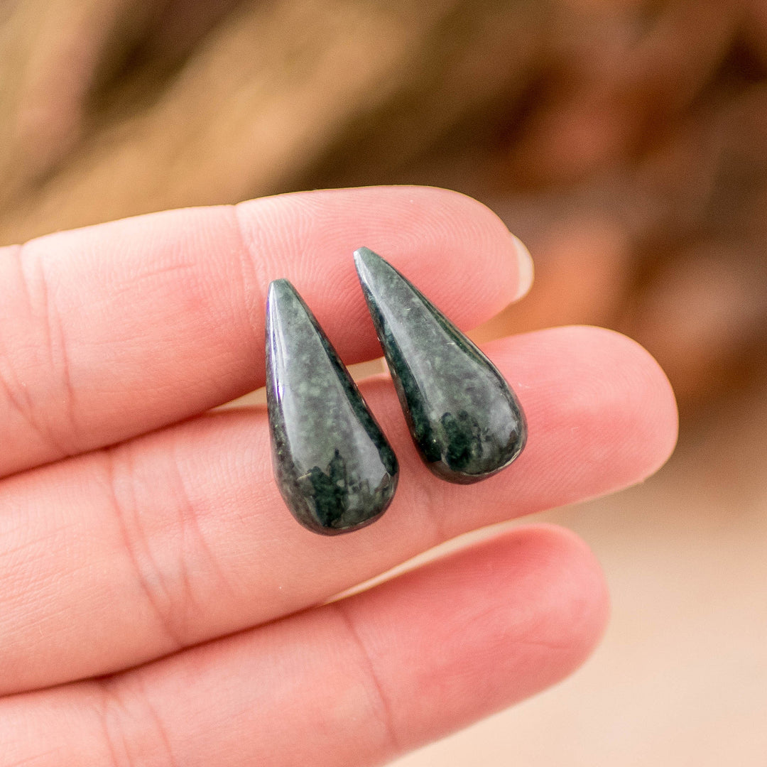 Drop-Shaped Dark Green Jade Button Earrings from Guatemala - Proud Dew