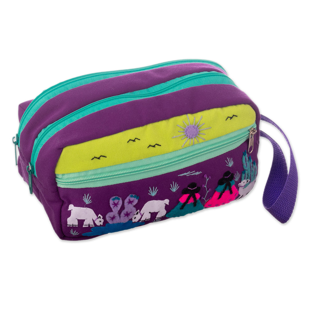 Cotton Blend Four-Compartment Cosmetic Toiletry Bag - Llama Sunrise