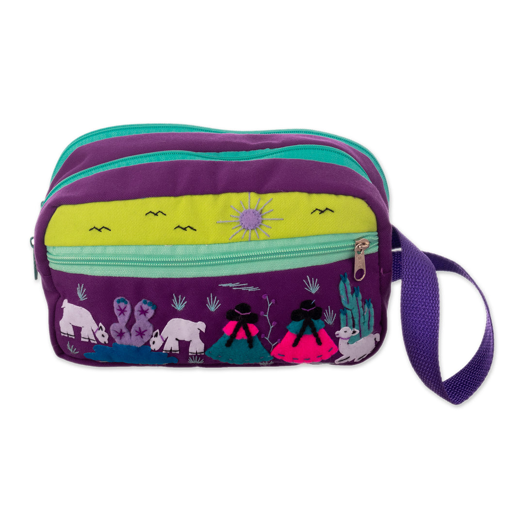 Cotton Blend Four-Compartment Cosmetic Toiletry Bag - Llama Sunrise