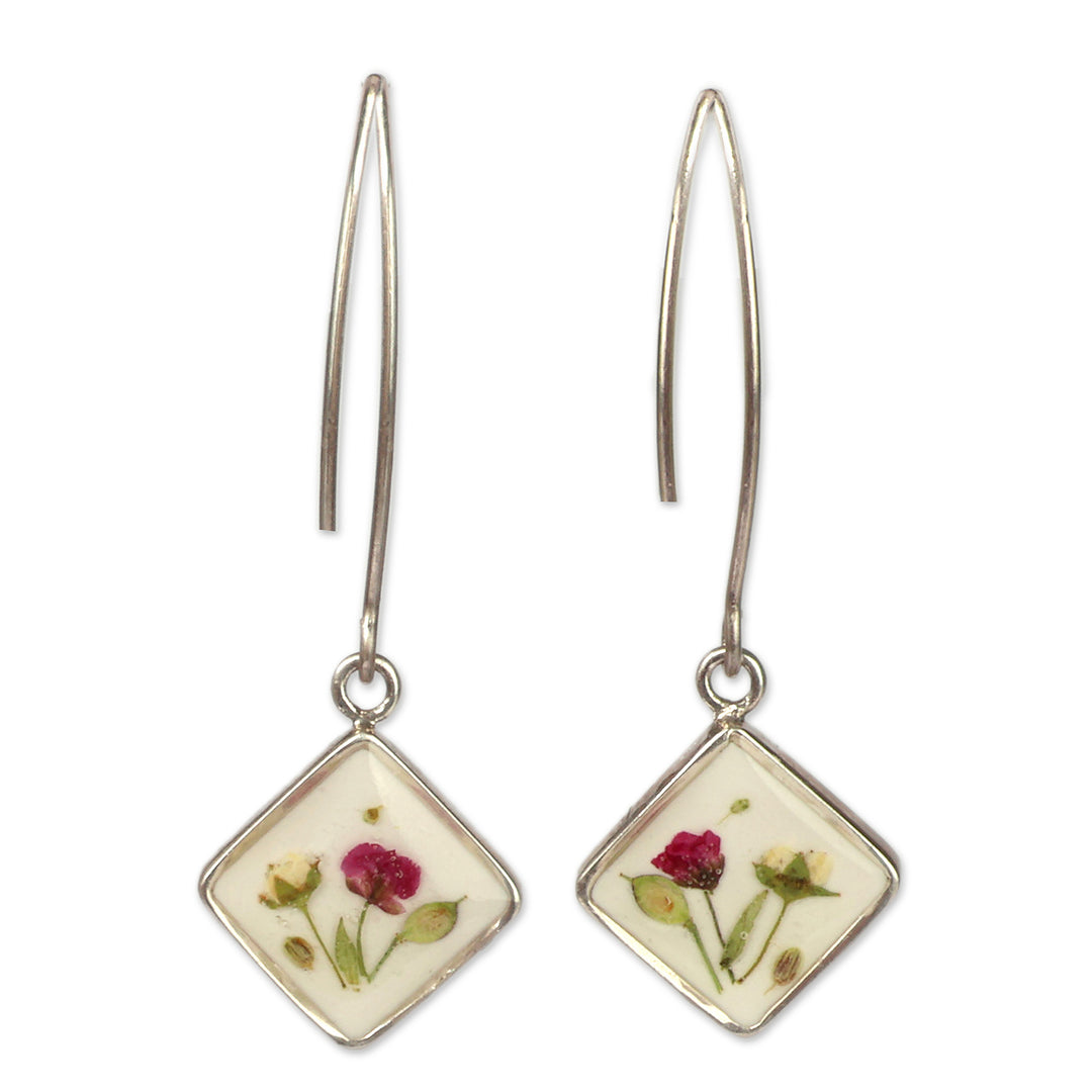 High-Polished Diamond-Shaped Natural Flower Dangle Earrings - Spring Gems
