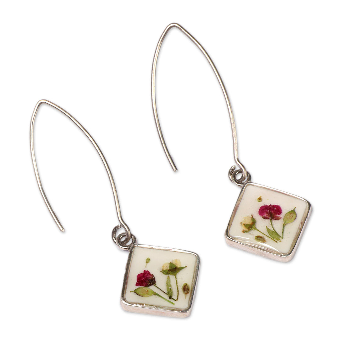 High-Polished Diamond-Shaped Natural Flower Dangle Earrings - Spring Gems