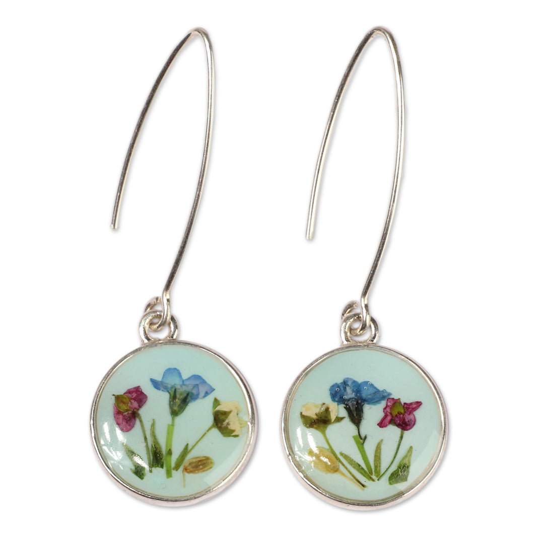 Mint Resin-Coated Polished Natural Flower Dangle Earrings - Evergreen Grace