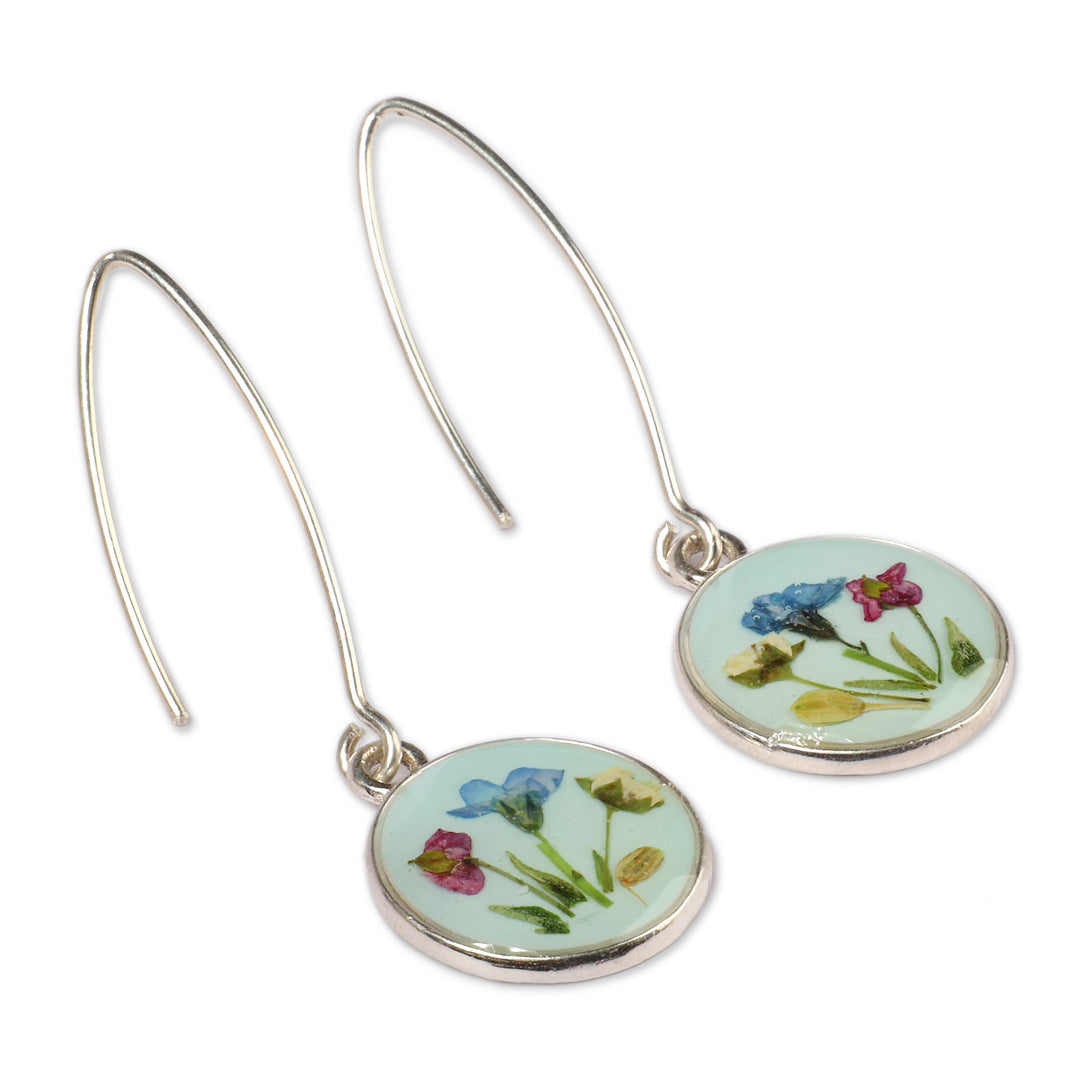 Mint Resin-Coated Polished Natural Flower Dangle Earrings - Evergreen Grace