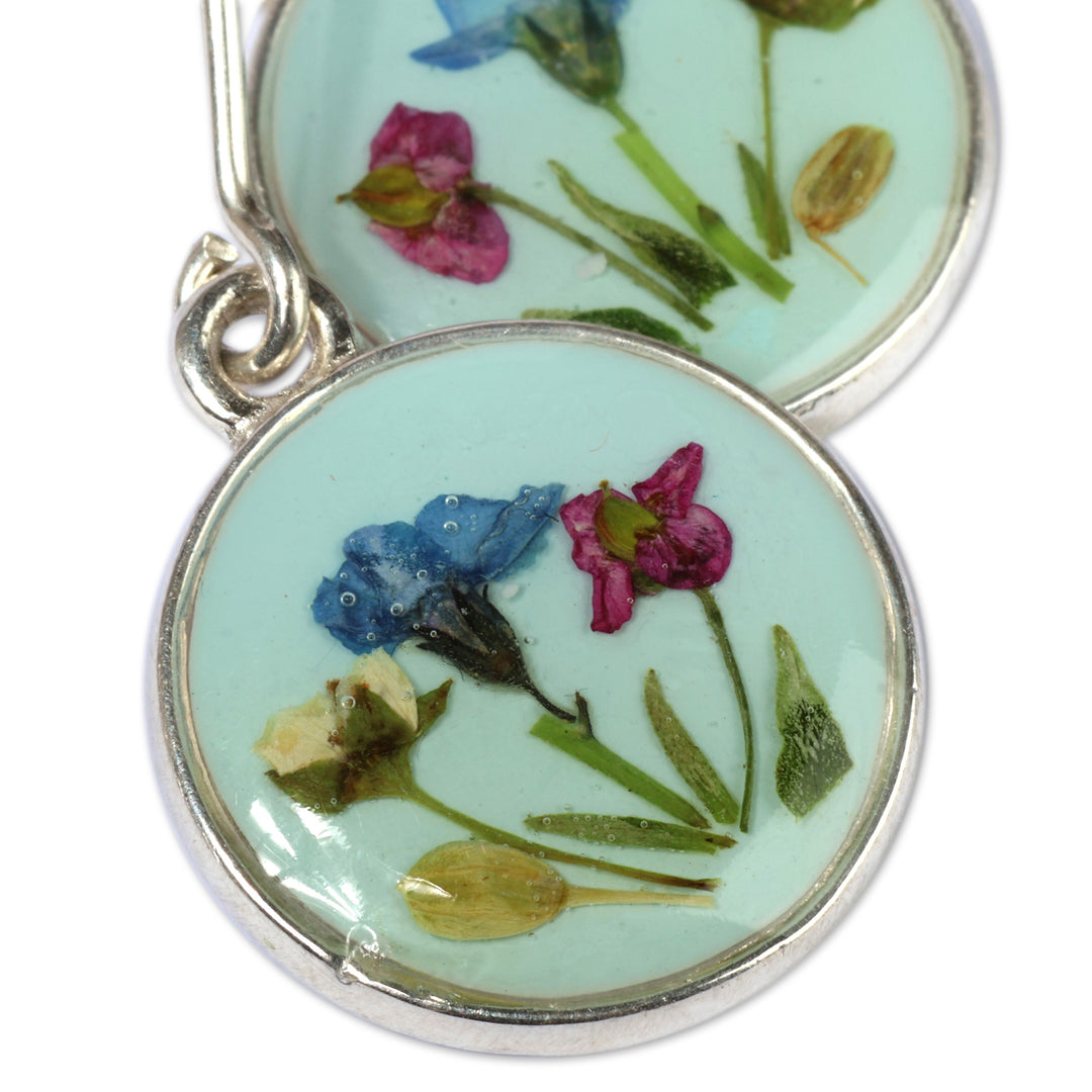 Mint Resin-Coated Polished Natural Flower Dangle Earrings - Evergreen Grace