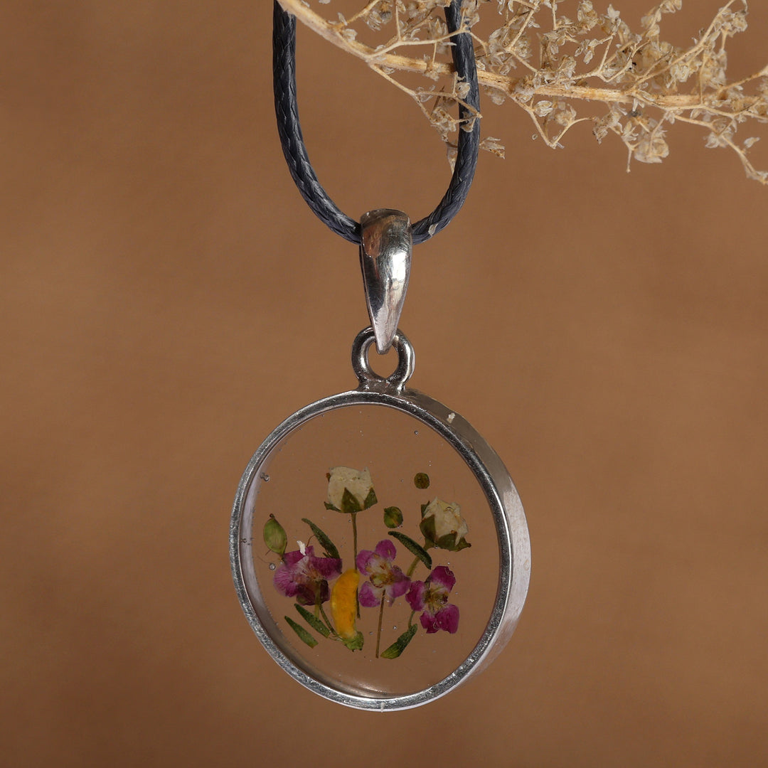 Handmade Natural Flower Pendant Necklace with Cotton Cord - Spring Glint