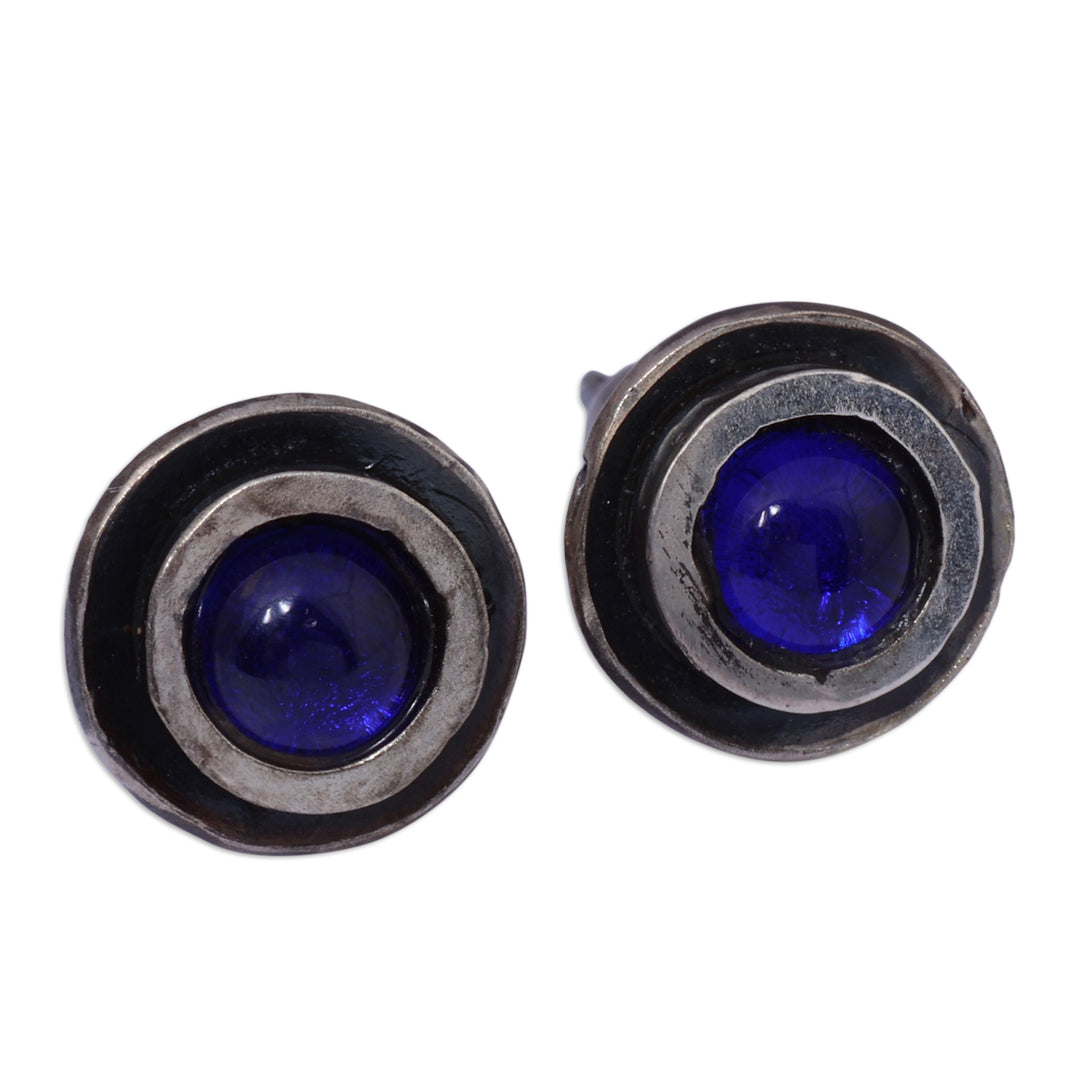 Round Sterling Silver Button Earrings with Blue Crystals - Mystic Nucleus
