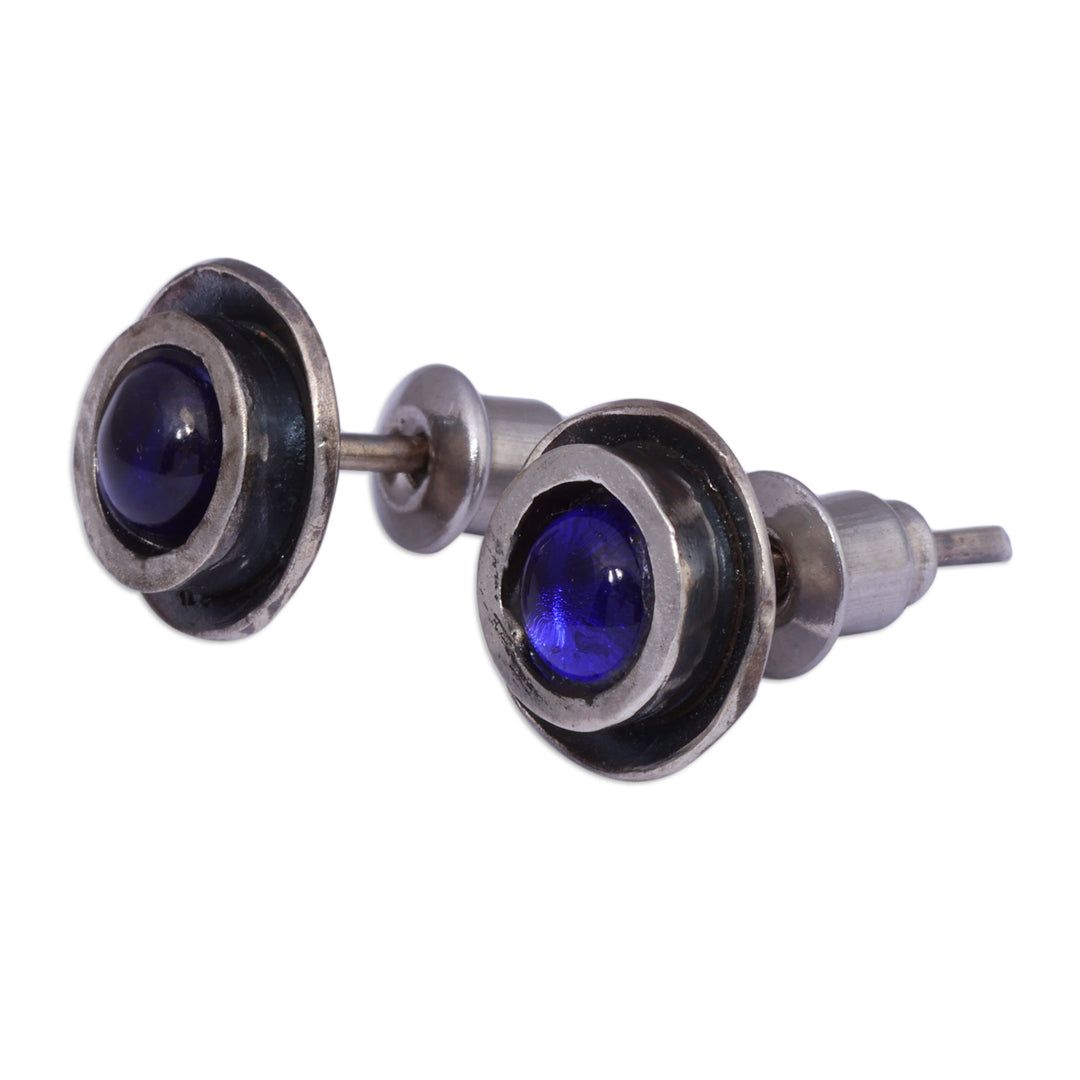 Round Sterling Silver Button Earrings with Blue Crystals - Mystic Nucleus