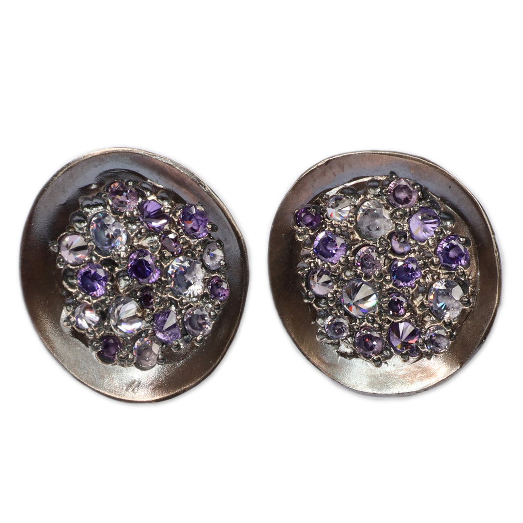Sterling Silver Button Earrings with Purple Crystals - Violet Twinkle
