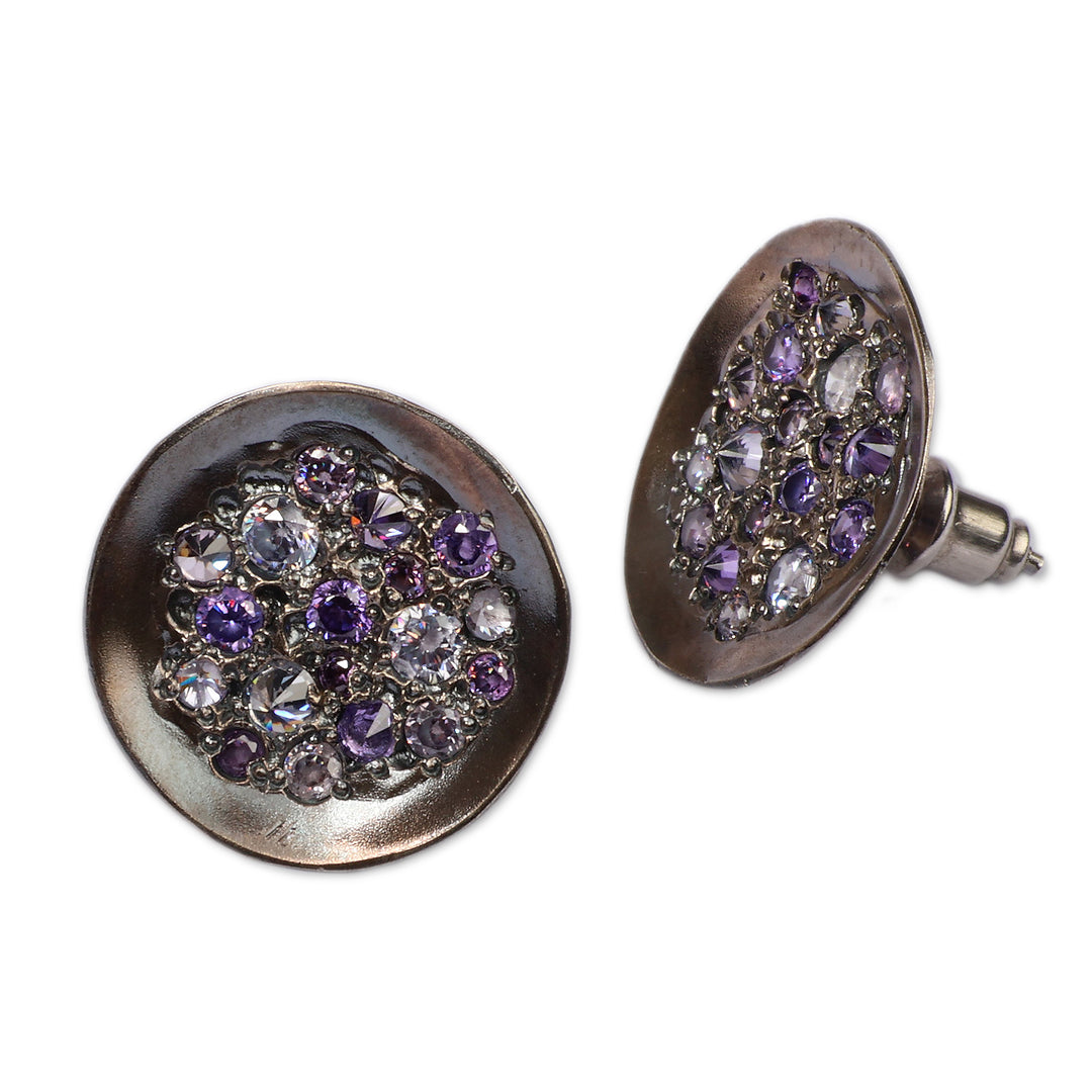Sterling Silver Button Earrings with Purple Crystals - Violet Twinkle