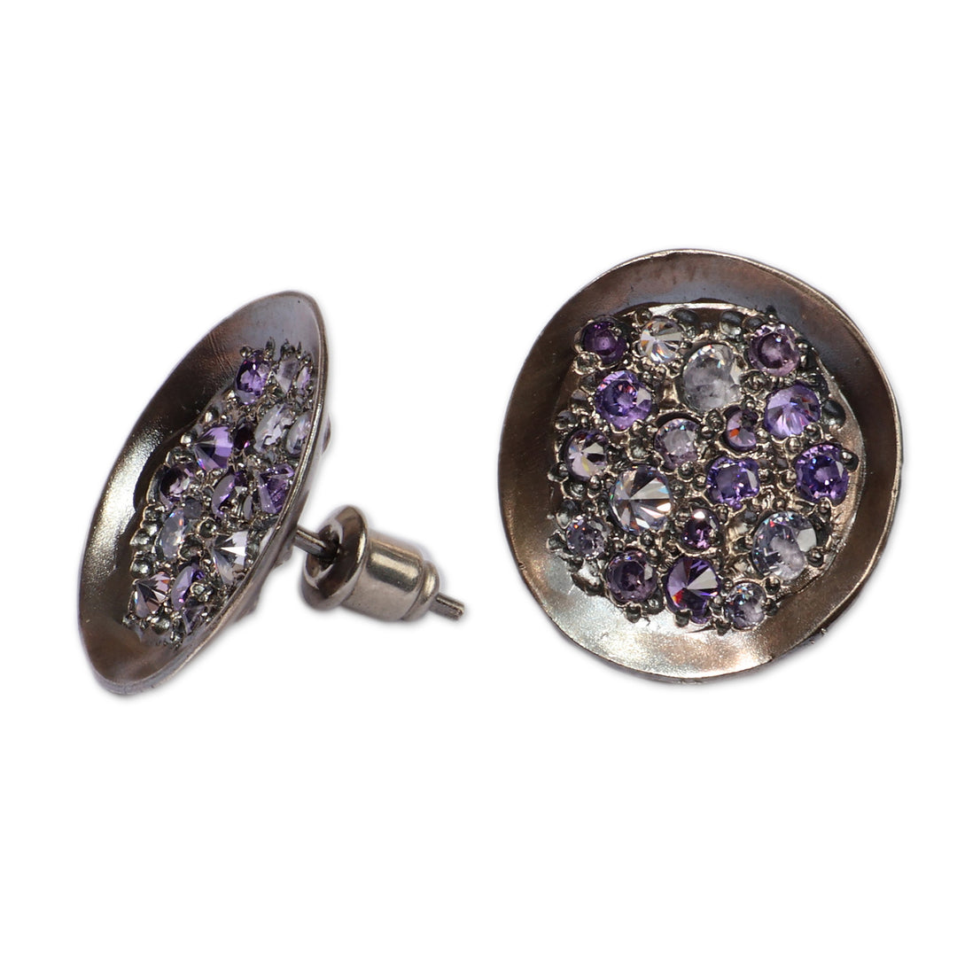 Sterling Silver Button Earrings with Purple Crystals - Violet Twinkle