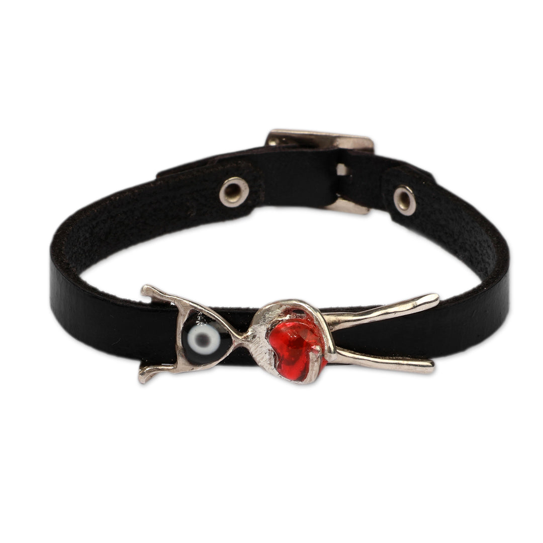 Pomegranate-Themed Silver Enamel Leather Pendant Bracelet - Guardian of the Heart