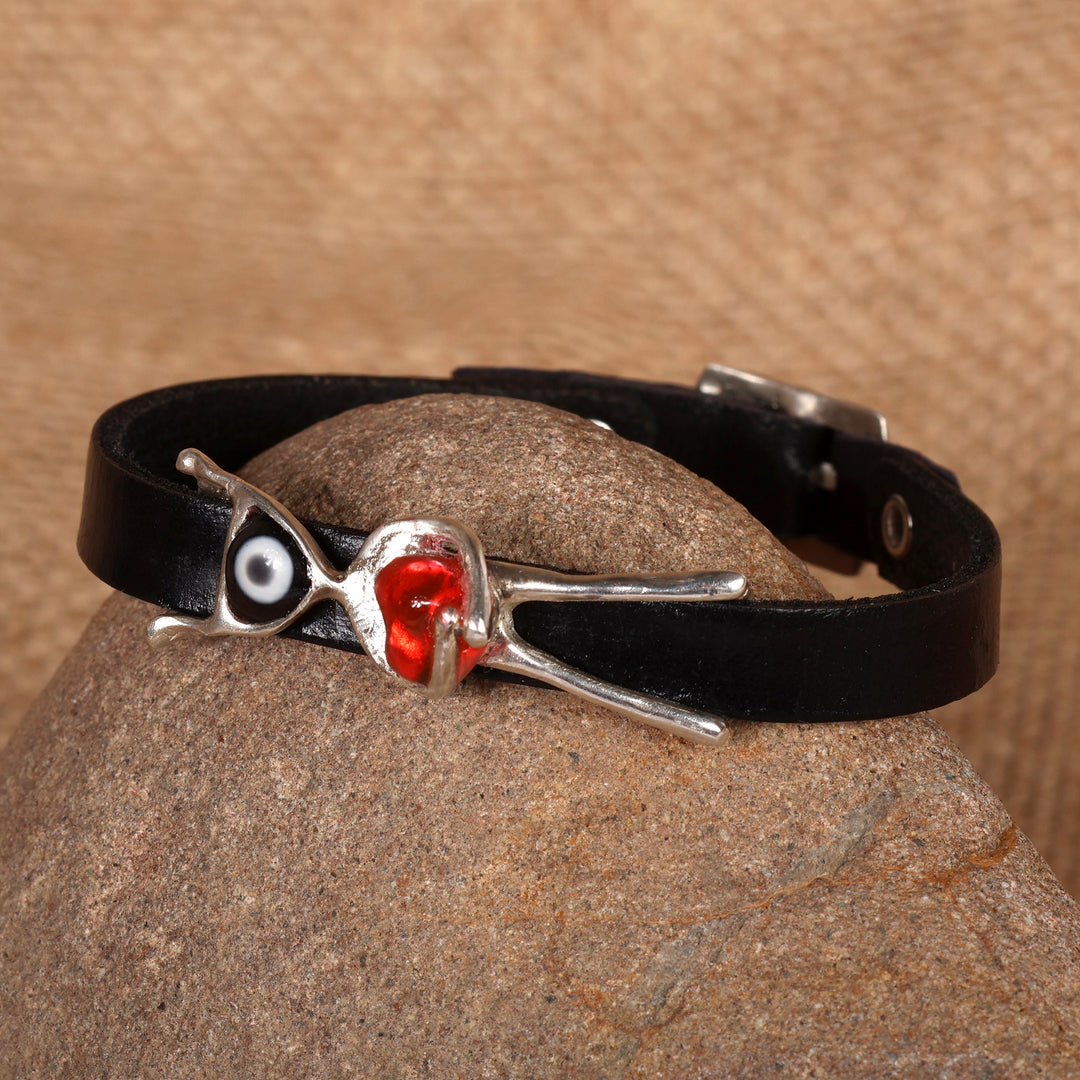 Pomegranate-Themed Silver Enamel Leather Pendant Bracelet - Guardian of the Heart