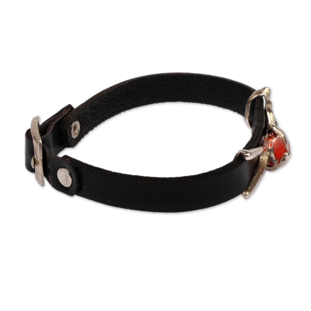 Pomegranate-Themed Silver Enamel Leather Pendant Bracelet - Guardian of the Heart