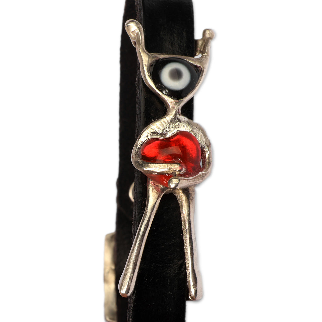 Pomegranate-Themed Silver Enamel Leather Pendant Bracelet - Guardian of the Heart