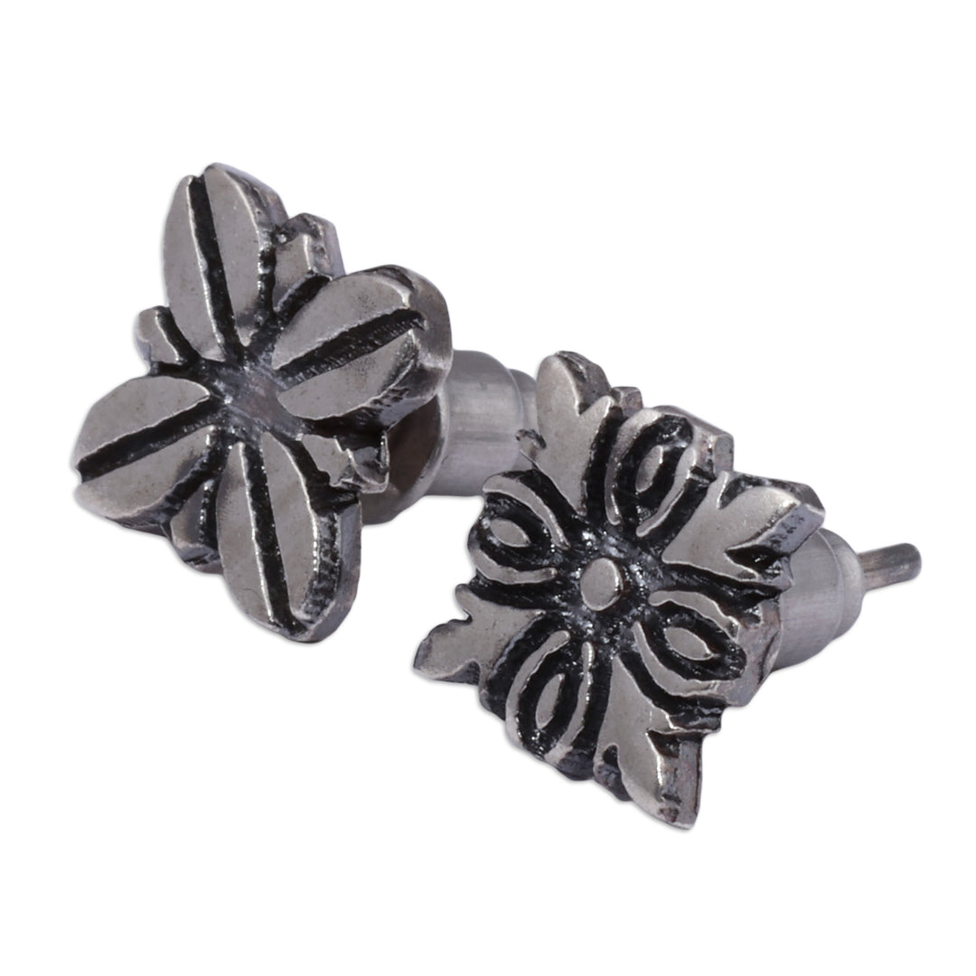 Flower-Shaped Sterling Silver Button Earrings from Armenia - Ancient Spring