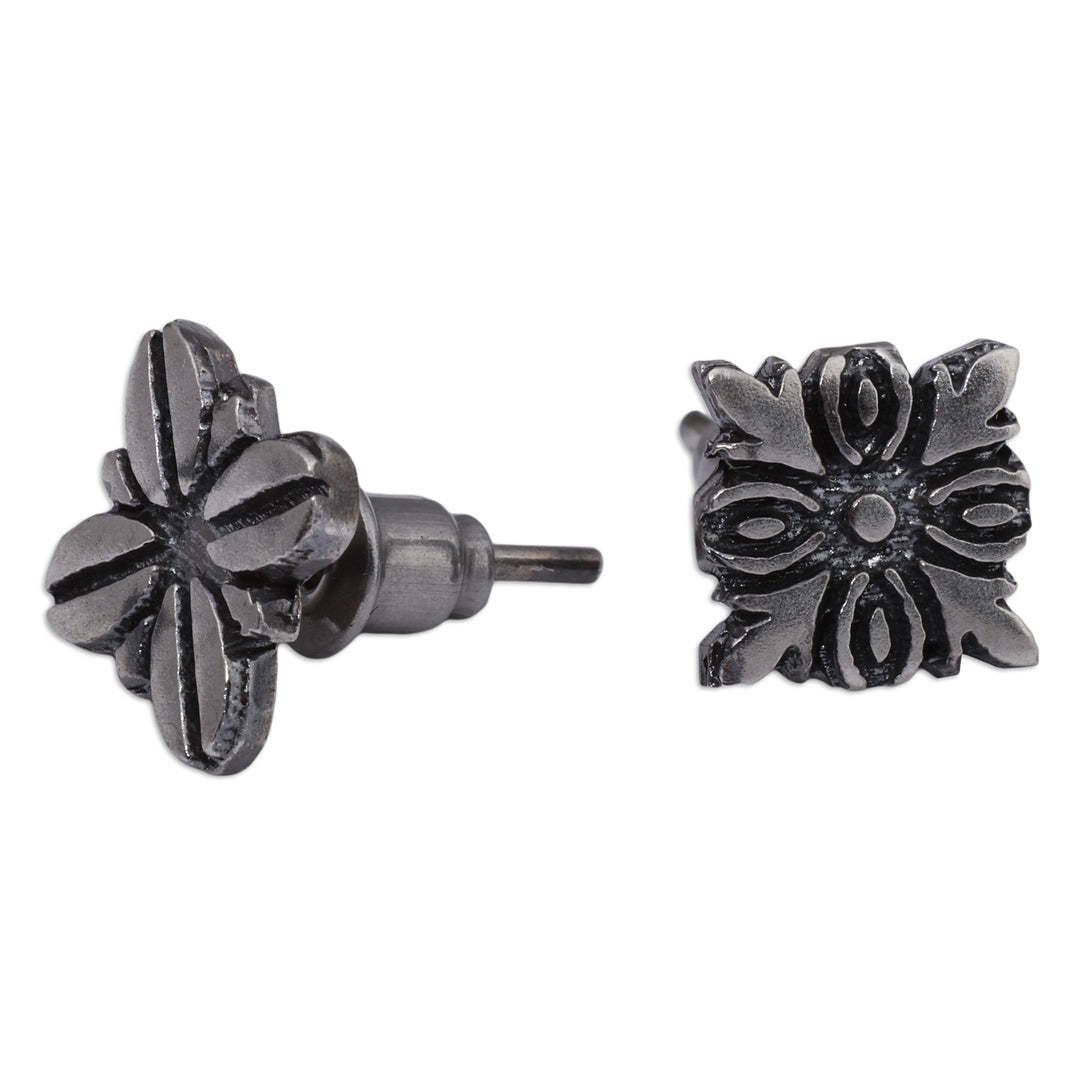 Flower-Shaped Sterling Silver Button Earrings from Armenia - Ancient Spring