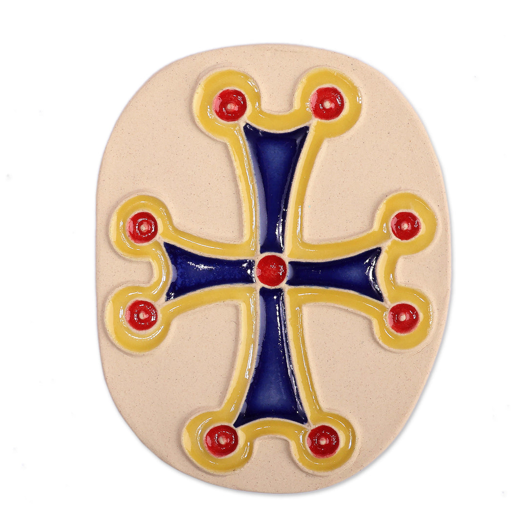 Armenian Cross-Themed Folk Art Glazed Oval Ceramic Magnet - Sacred Blue