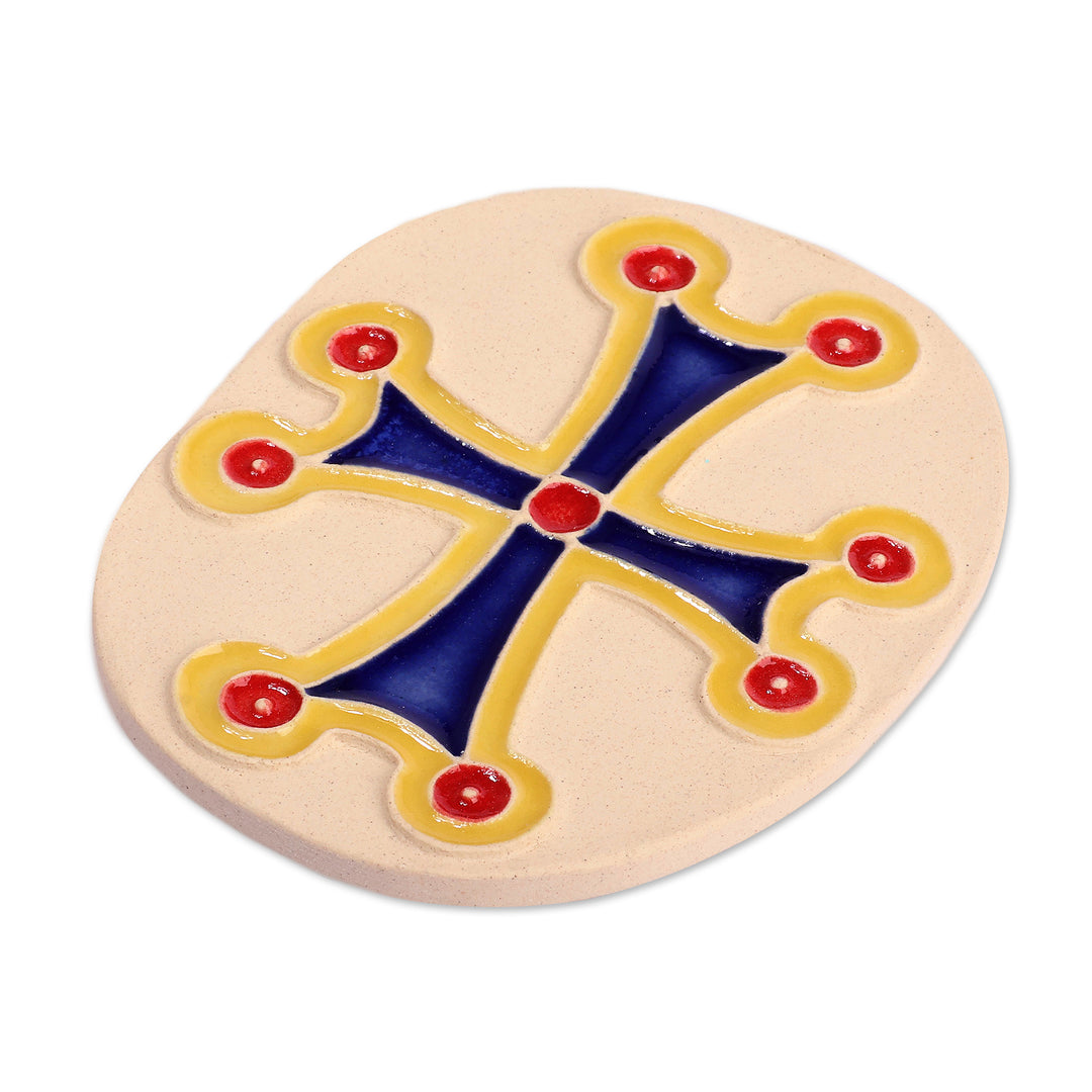 Armenian Cross-Themed Folk Art Glazed Oval Ceramic Magnet - Sacred Blue