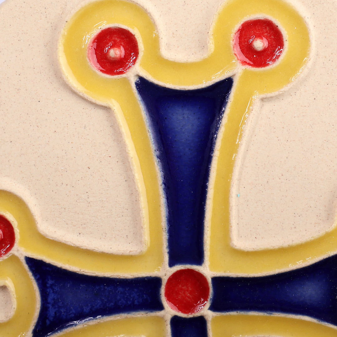 Armenian Cross-Themed Folk Art Glazed Oval Ceramic Magnet - Sacred Blue