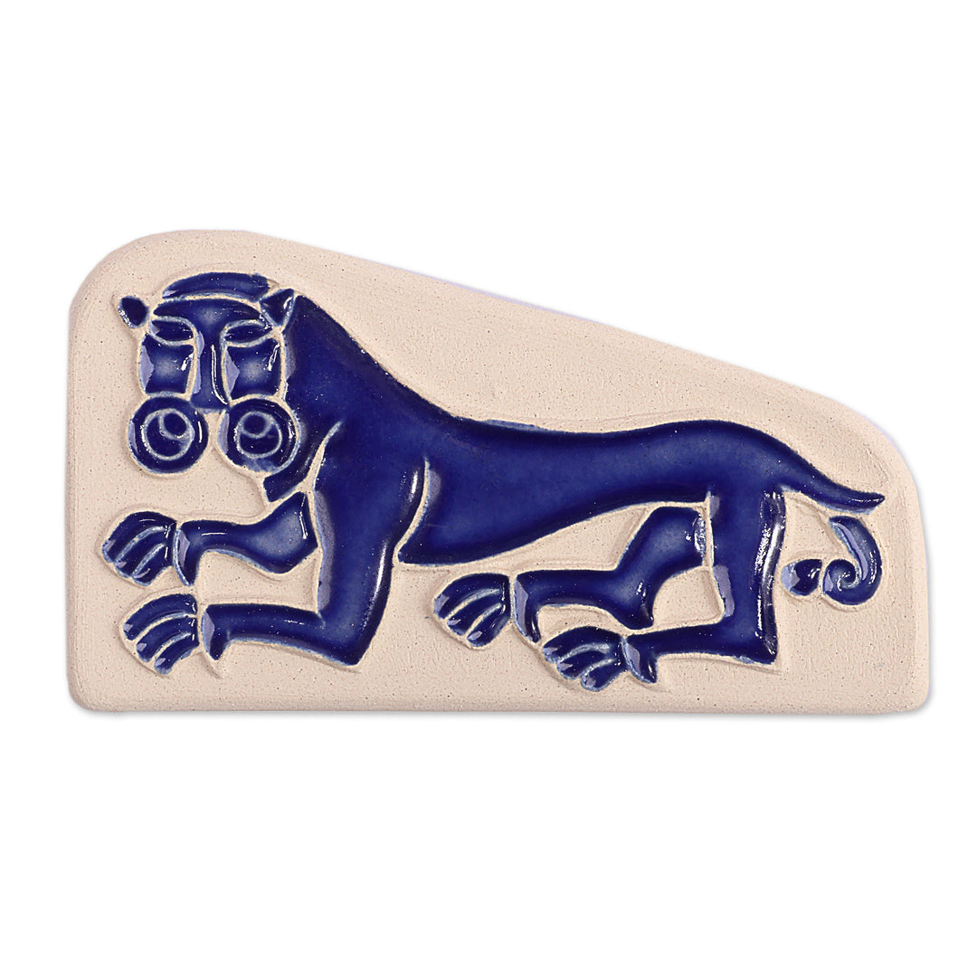 Traditional Lion of Geghard Glazed Ceramic Magnet in Blue - Blue Valiant